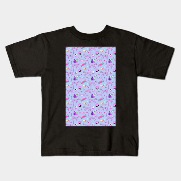 Pastel Goth Occult Pagan Pattern cat blue Kids T-Shirt by Wanderer Bat